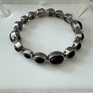 Vintage Modernist Black Onyx  Stainless Steel Link Bracelet – 7.5”